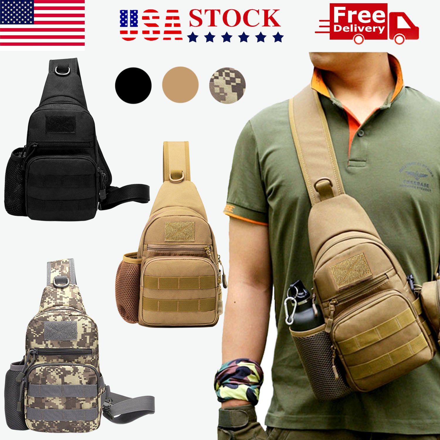 Men Outdoor Shoulder Chest Bag Military Tactical Backpack Cycle Sling Chest Pack ACU Digital in Black | One Size